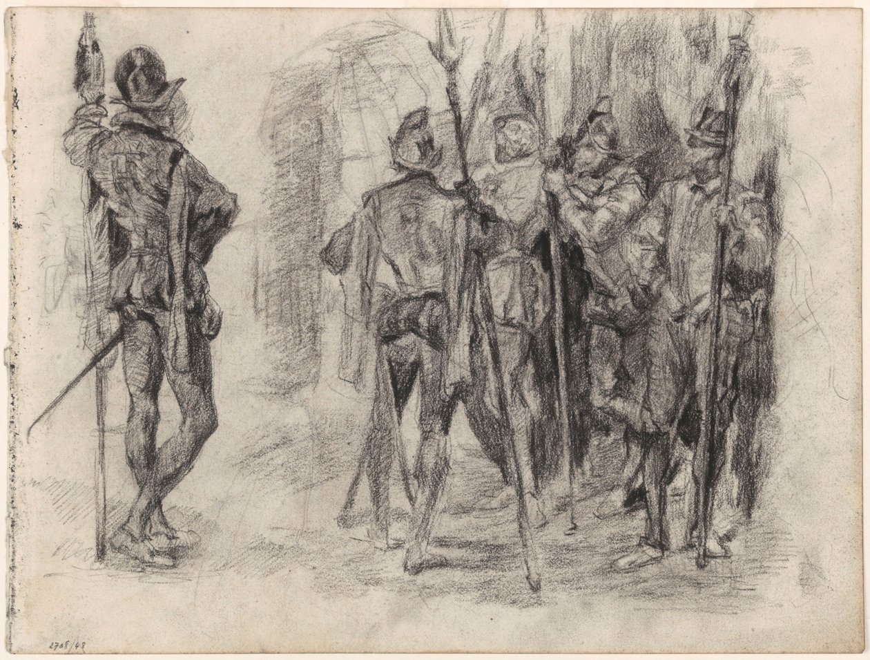 Szkice postaci i pięciu hiszpańskich żołnierzy z lancami autorstwa James Ensor
