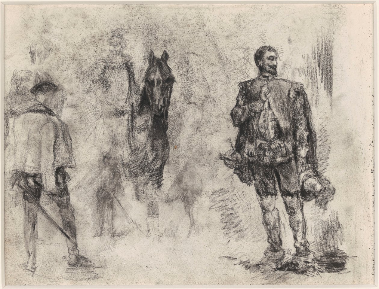 Hiszpan widziany od tyłu, jeździec i Hiszpan z jednym uniesionym palcem autorstwa James Ensor