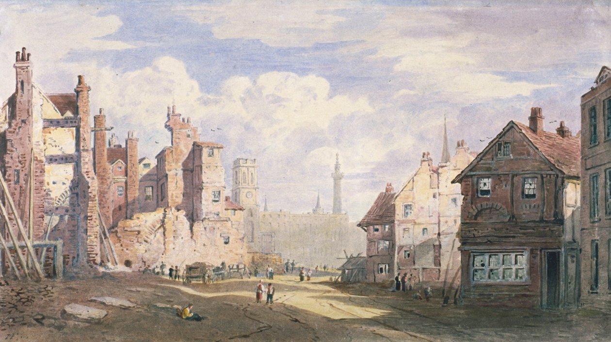 Rozbiórka starych domów w pobliżu Walbrook, aby zrobić miejsce dla King William Street, City of London, 1834 autorstwa James Fahey