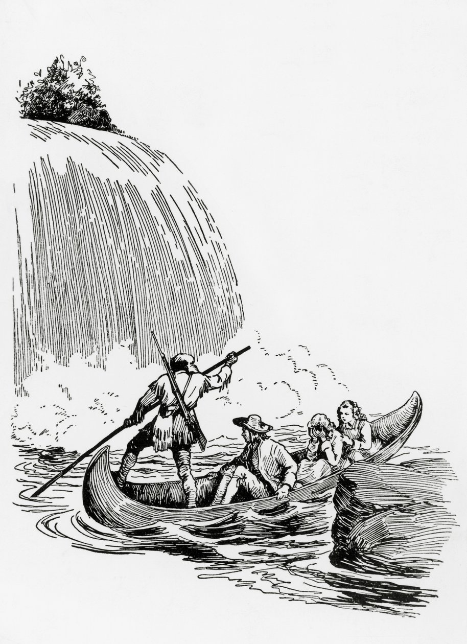Główni bohaterowie w kajaku przy wodospadzie, ilustracja do Ostatniego Mohikanina Jamesa Fenimore