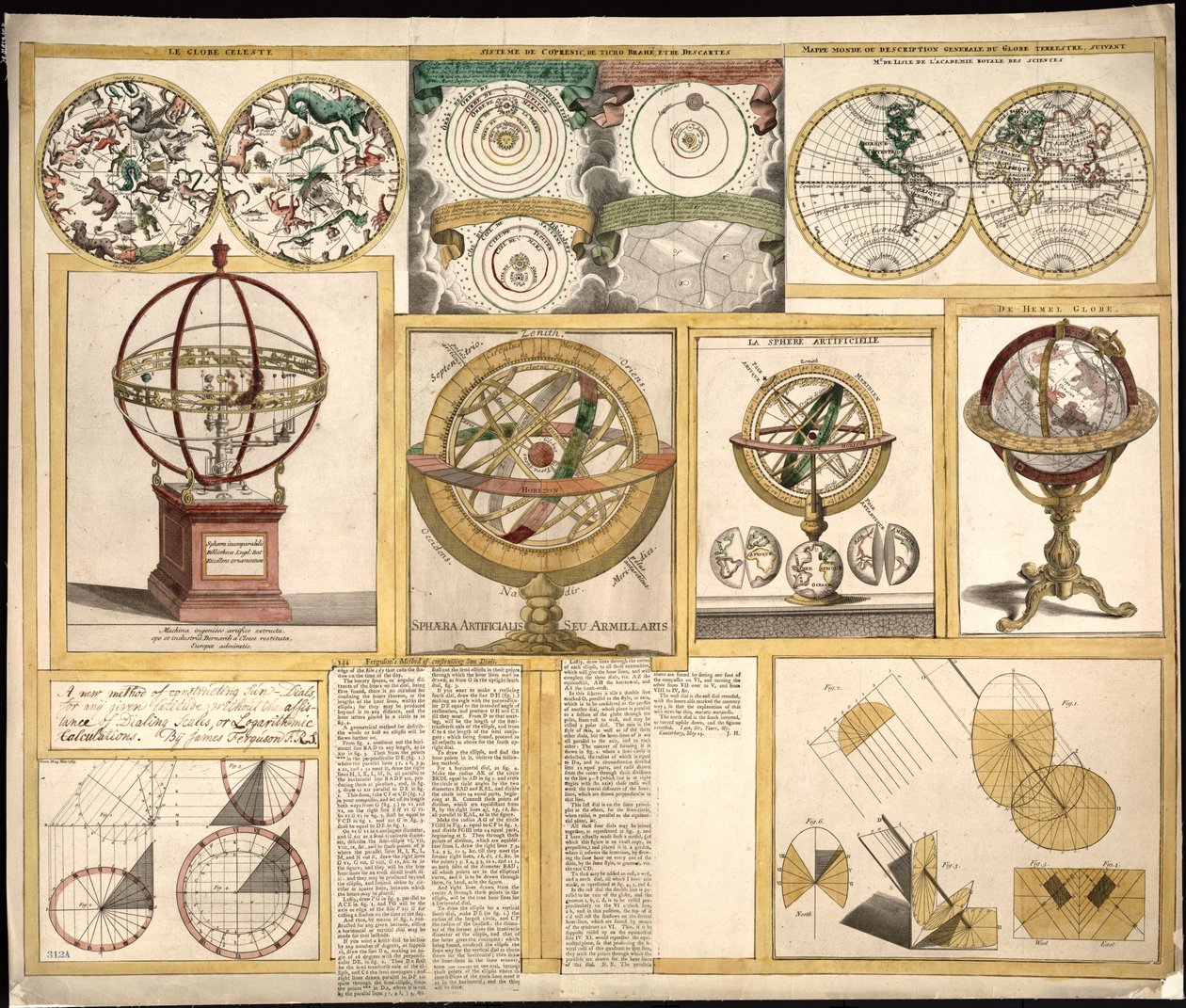 Kolekcja dziewięciu obrazów zawierających instrumenty astronomiczne, mapy nieba i mapę świata. LOC 2013593153 autorstwa James Ferguson