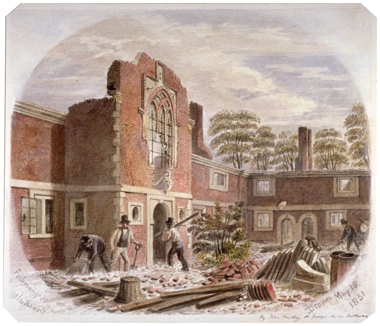 Mężczyźni burzący szpital św. Piotra, Southwark, Londyn, 1851 r. autorstwa James Findlay
