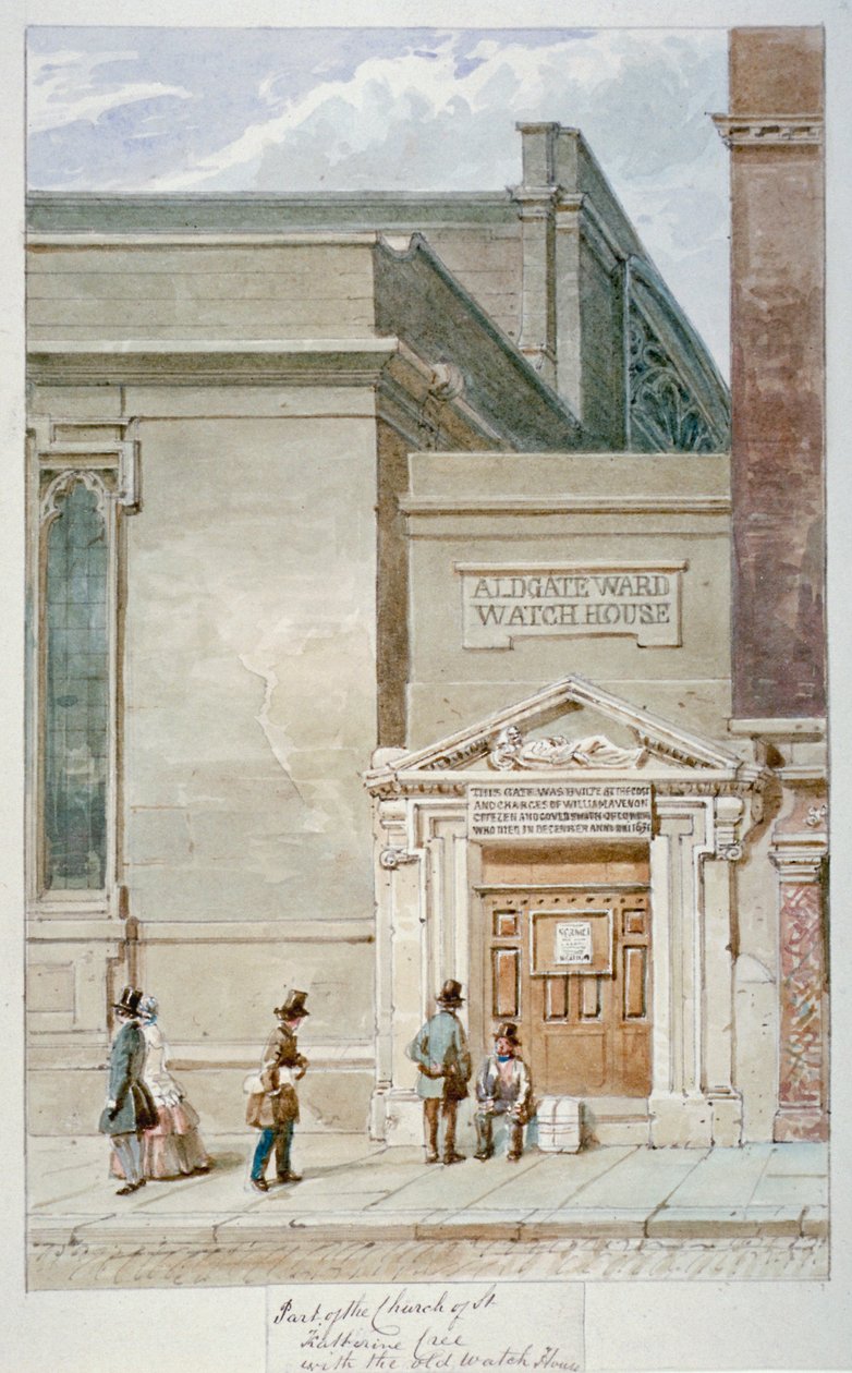 Częściowy widok na St Katherine Cree i strażnicę Aldgate, City of London, 1830 autorstwa James Findlay