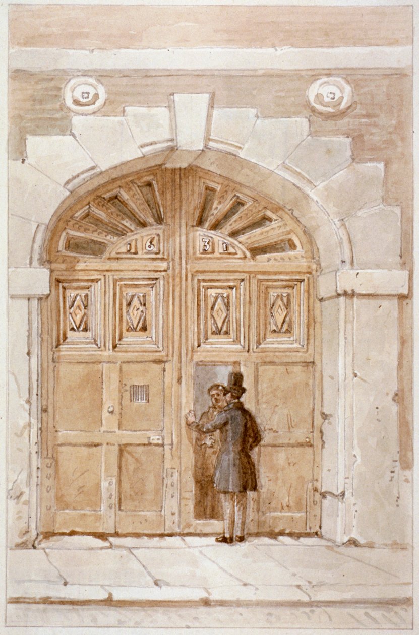 Widok bramy drewnianej z 1631 r. przy ul. Lipowej 46, 1855 autorstwa James Findlay
