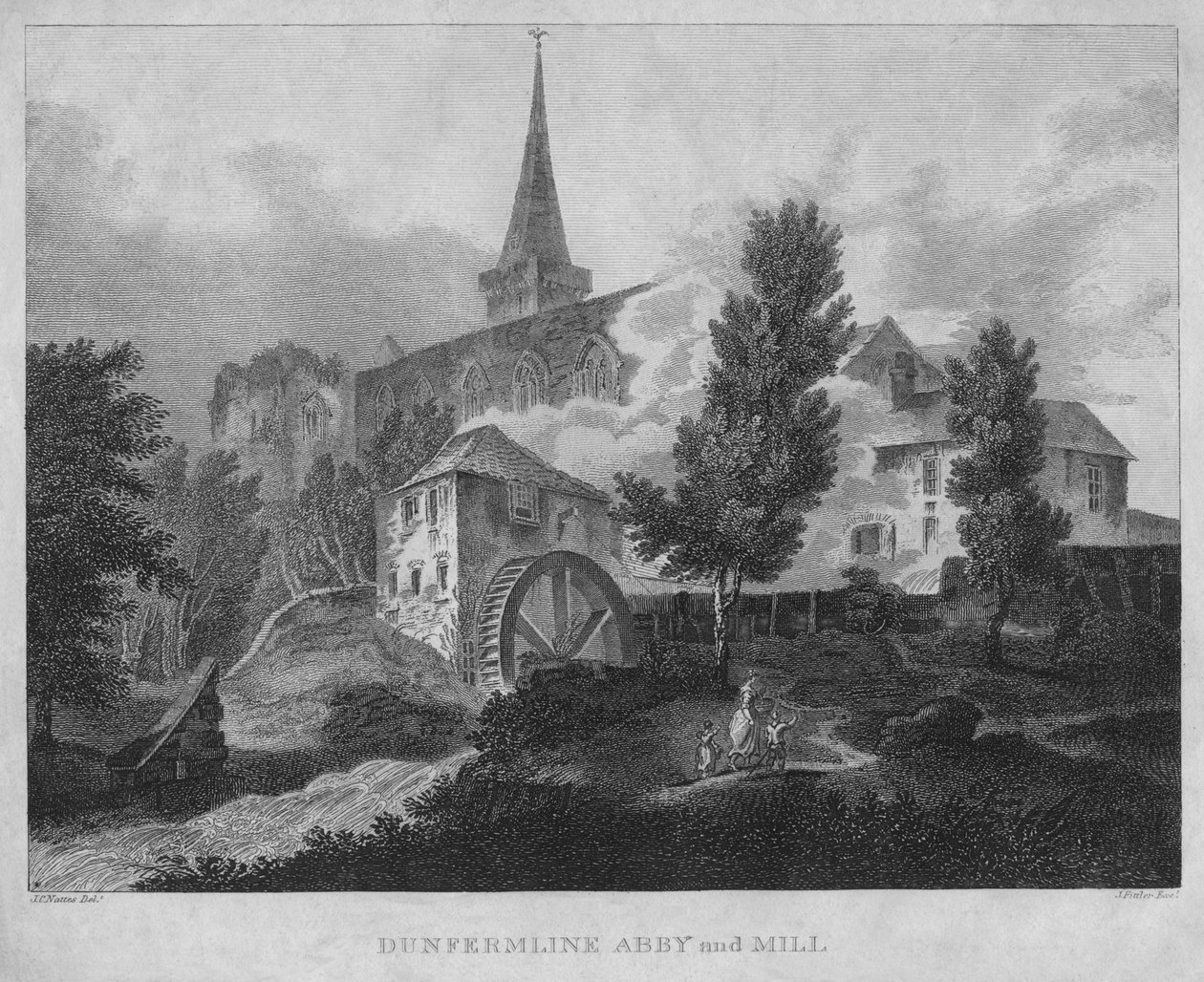 Dunfermline Abby i Mill, 1804 autorstwa James Fittler