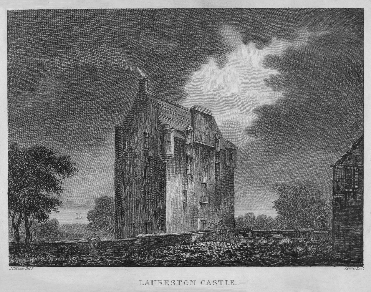 Zamek Laureston, 1804 autorstwa James Fittler