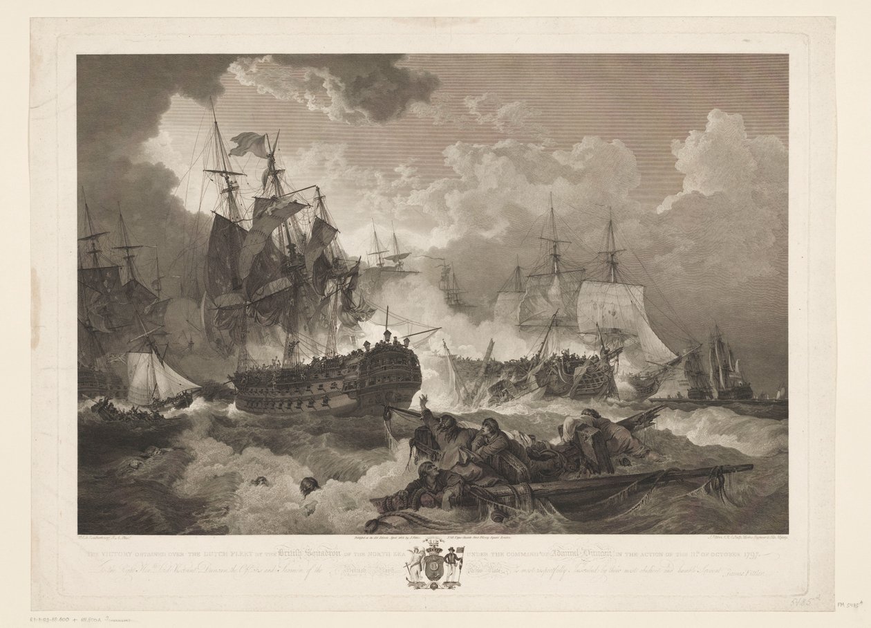 Żużel bij Kamperduin, 1797 Zwycięstwo odniesione nad flotą holenderską przez brytyjską eskadrę Morza Północnego pod dowództwem admirała Duncana w akcji 11 października 1797 (tytuł na obiekcie) autorstwa James Fittler