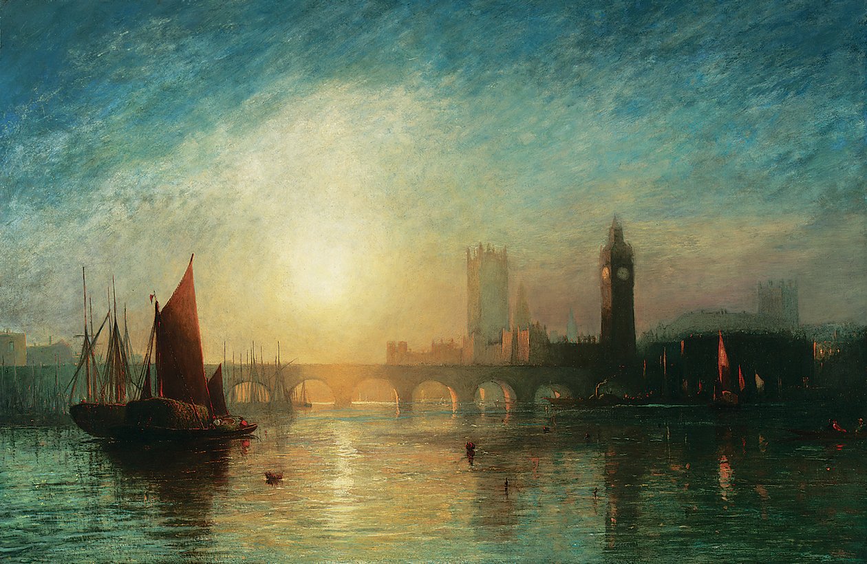 Widok na most Westminster Bridge i Houses of Parliament, z barką z sianem i innymi statkami na pierwszym planie, 1869 autorstwa James Francis Danby