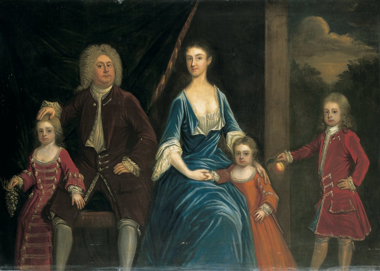 Portret zbiorowy Henryka, V Lorda Arundella z Wardour i jego żony Elżbiety, wraz z dziećmi, we wnętrzu, krajobraz poza autorstwa James Francis Maubert