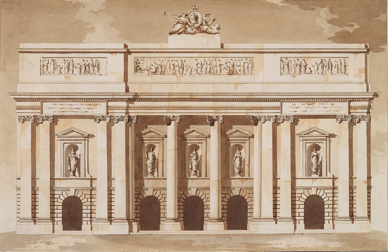 Elewacja frontu zachodniego budynku parlamentu, Dublin, ok. 1787 (pióro i pędzel z brązowym tuszem i toaleta na papierze wykładanym) autorstwa James Gandon