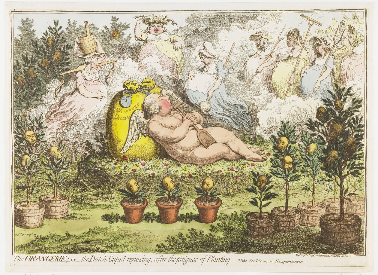 Oranżeria: Holenderski Kupidyn odpoczywający po trudach sadzenia, 1796 Oranżeria; lub holenderski Kupidyn odpoczywający po trudach sadzenia (tytuł na obiekcie) autorstwa James Gillray (signed by artist)