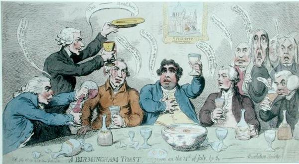 Toast z Birmingham, wydany 14 lipca przez Revolution Society, opublikowany przez S.W. Fores w 1791 (akwaforta ręcznie kolorowana) autorstwa James Gillray