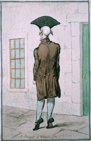 Burgess of Warwick Lane, wydana przez Hannah Humphrey w 1795 r. (akwaforta ręcznie kolorowana) autorstwa James Gillray