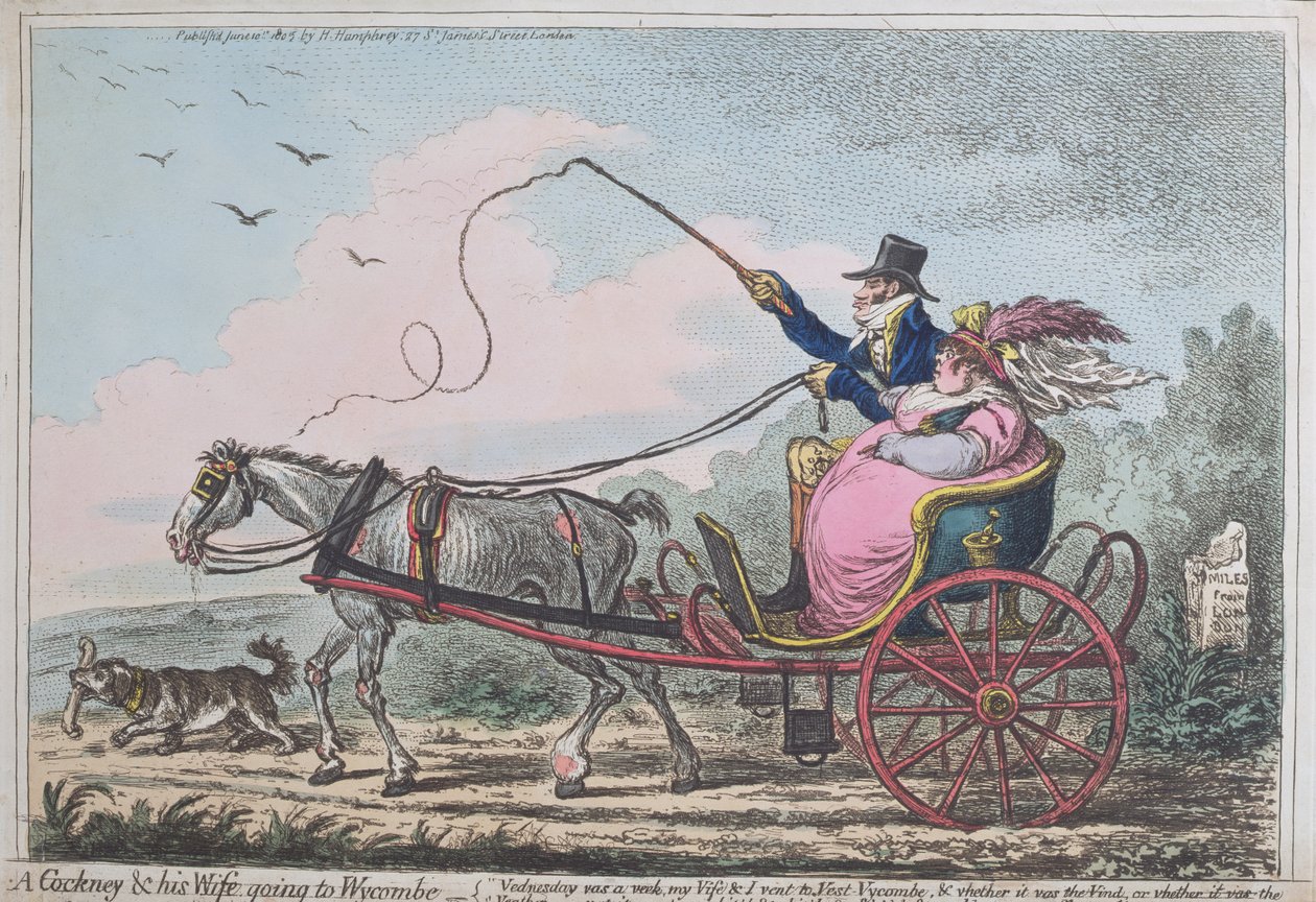 Kogut i jego żona jadą do Wycombe, opublikowana przez Hannah Humphrey w 1805 r. (ręczna akwaforta z akwatintą) autorstwa James Gillray