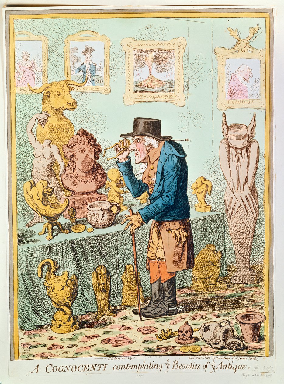 A Cognocenti Contemplating Ye Beauties of Ye Antique, opublikowane przez Hannah Humphrey, 1801 (akwaforta ręcznie kolorowana) autorstwa James Gillray