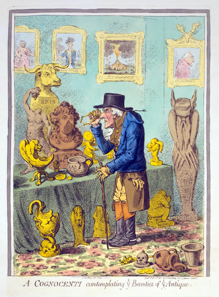 Cognocenti kontemplujący piękności Ye Antique, wyd. Hannah Humphrey, 11 lutego 1801 (ręcznie kolorowane grawerowanie) autorstwa James Gillray