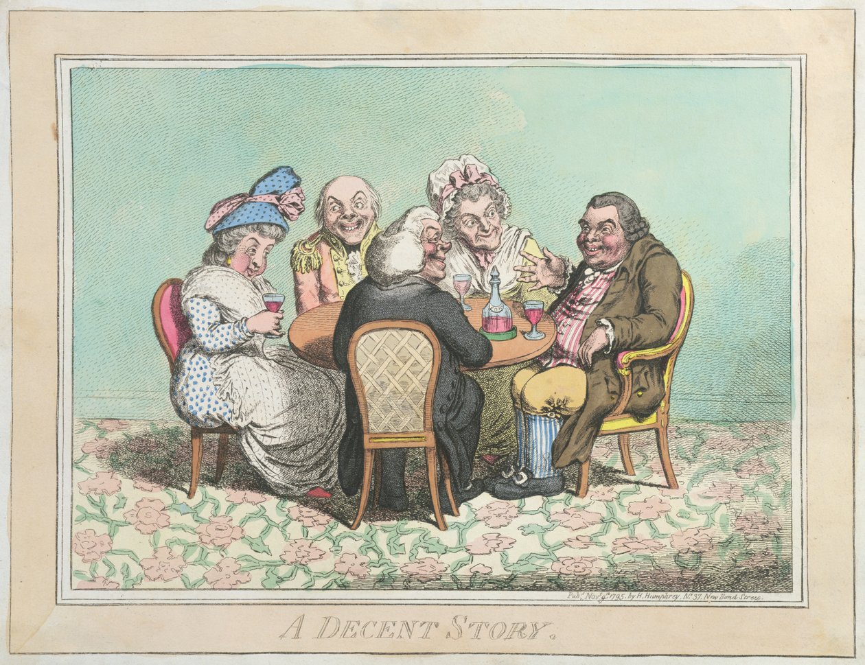 A Decent Story, opublikowana przez Hannah Humphrey w 1795 (akwaforta ręcznie kolorowana) autorstwa James Gillray