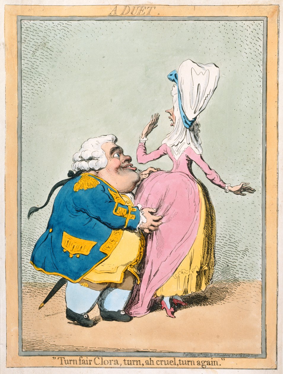 Duet: "Turn Fair Clora, turn, ah cruel, turn again" opublikowany przez Hannah Humphrey w 1792 r. (akwaforta ręcznie kolorowana) autorstwa James Gillray