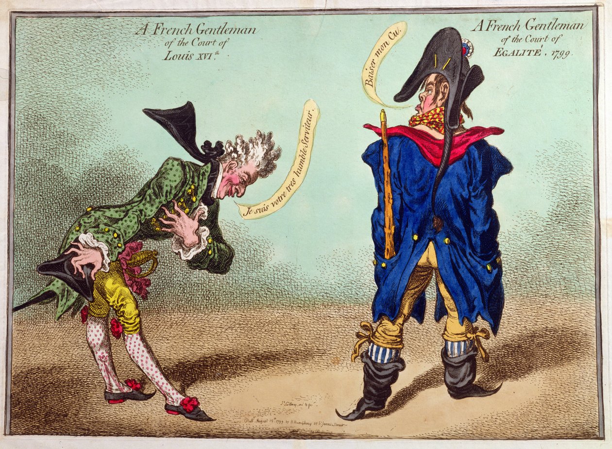 Francuski dżentelmen z dworu Ludwika XVI i francuski dżentelmen z dworu Egalite, wydany w 1799 r. (akwaforta ręcznie kolorowana) autorstwa James Gillray