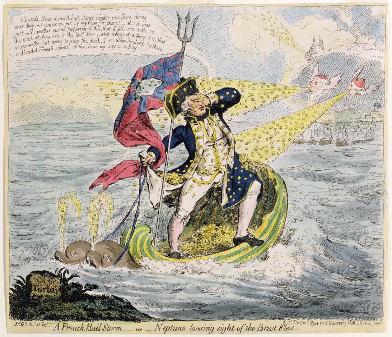 Francuska burza gradowa, czyli Neptun tracący z oczu flotę z Brestu, wydana przez Hannah Humphrey w 1793 roku (akwaforta ręcznie kolorowana) autorstwa James Gillray