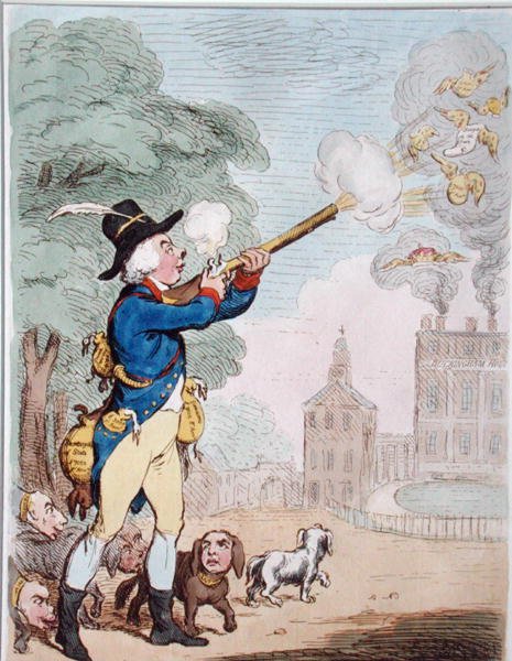 Dobry strzał, czyli Billy-Ranger the Game-Keeper w pięknym sportowym kraju, opublikowany przez Hannah Humphrey w 1792 r. (akwaforta ręcznie kolorowana) autorstwa James Gillray