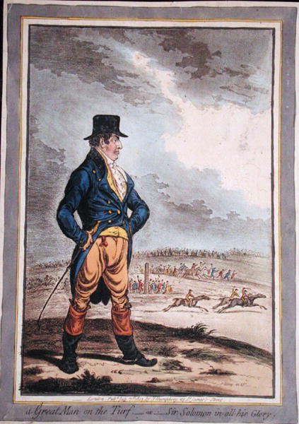 Wielki człowiek na murawie, czyli sir Salomon w całej swojej chwale! wydane przez Hannah Humphrey w 1803 r. (akwaforta ręcznie kolorowana) autorstwa James Gillray