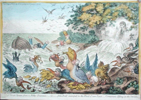Wielka burza z Petty-Fontain lub John Bull zatopiona w powodzi nowych podatków: Cormorants Fishing in the Stream, opublikowana przez Hannah Humphrey w 1806 r. (akwaforta ręcznie kolorowana) autorstwa James Gillray