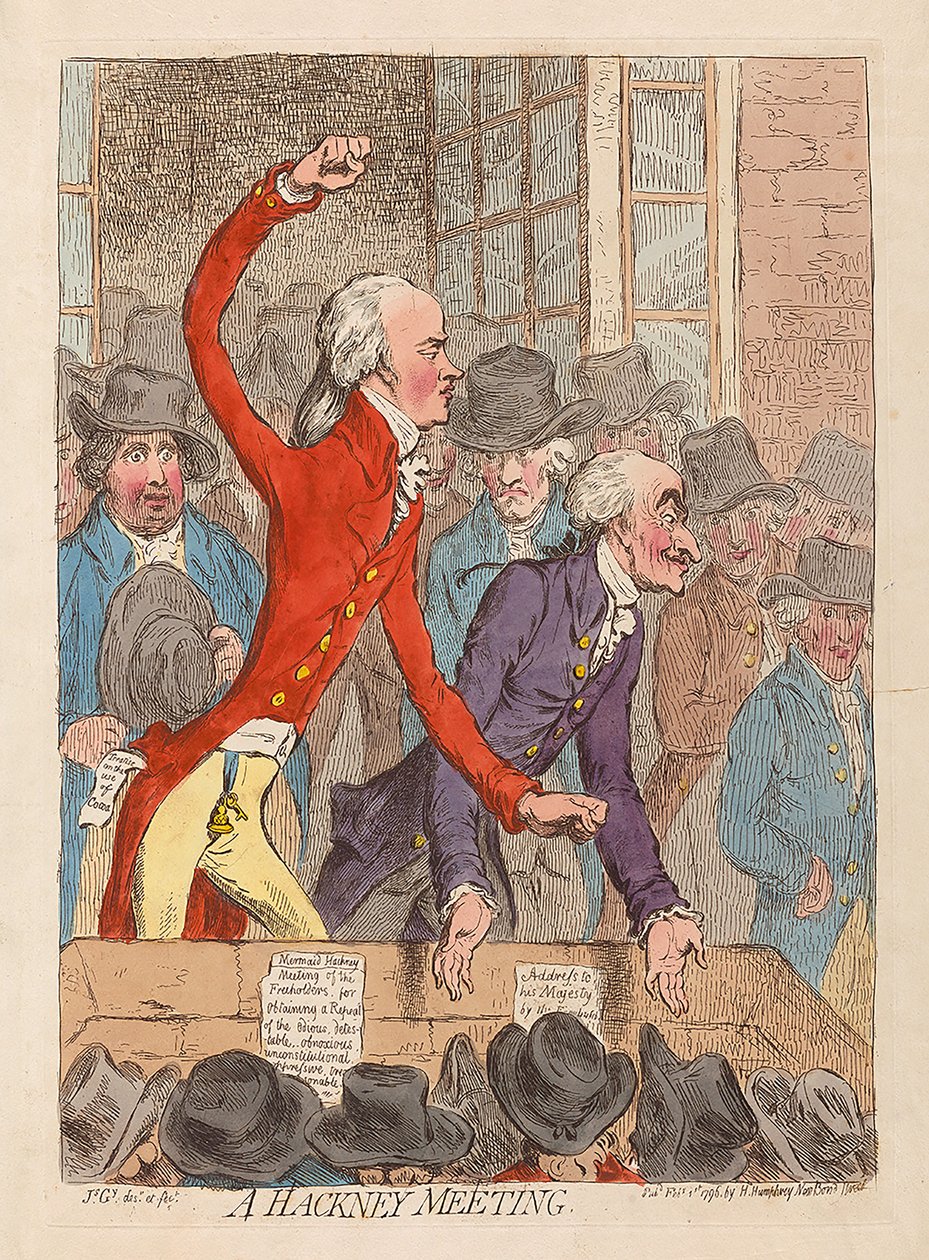 Spotkanie Hackney, wyd. 1796 (grawerowanie ręcznie kolorowane) autorstwa James Gillray