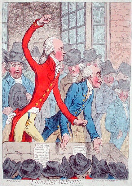 Spotkanie Hackney, wydane przez Hannah Humphrey w 1796 r. (akwaforta ręcznie kolorowana) autorstwa James Gillray