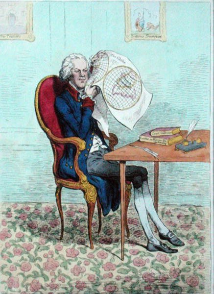Przenikliwy polityk odkrywający brytyjskie podboje, opublikowana przez Hannah Humphrey w 1795 r. (akwaforta ręcznie kolorowana) autorstwa James Gillray