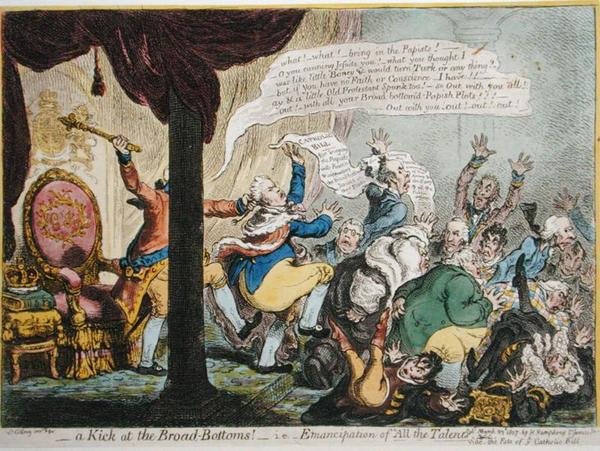 Kopnięcie w szerokie dno! - tj. - Emancypacja „Wszystkich talentów”, wydana przez Hannah Humphrey w 1807 r. (akwaforta ręcznie kolorowana z akwatintą) autorstwa James Gillray