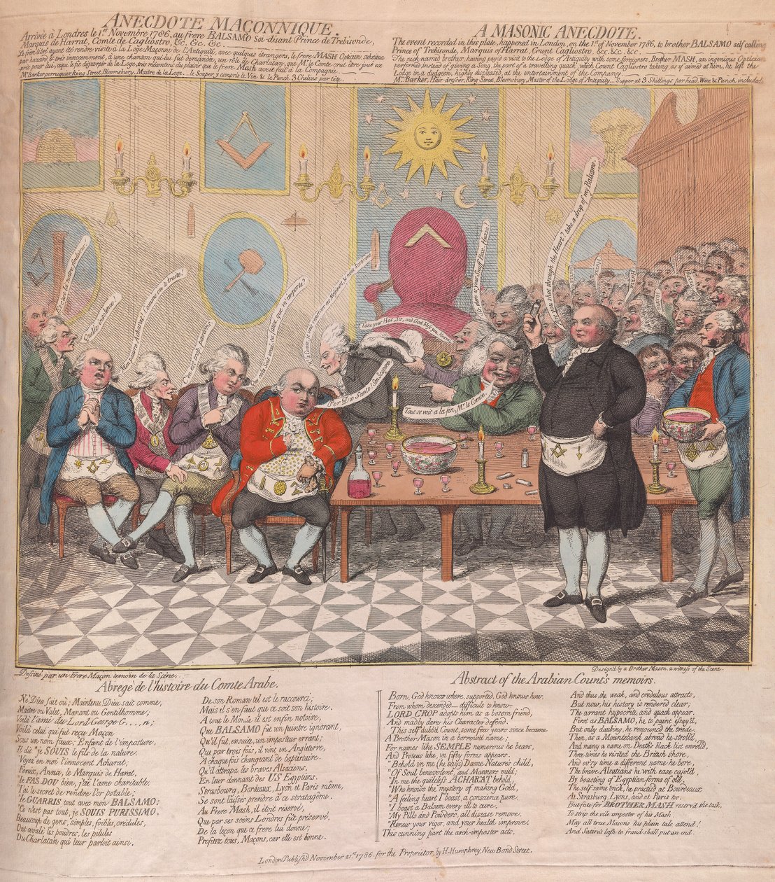 Anegdota masońska, wyd. 1786 (ręcznie kolorowane grawerowanie) autorstwa James Gillray