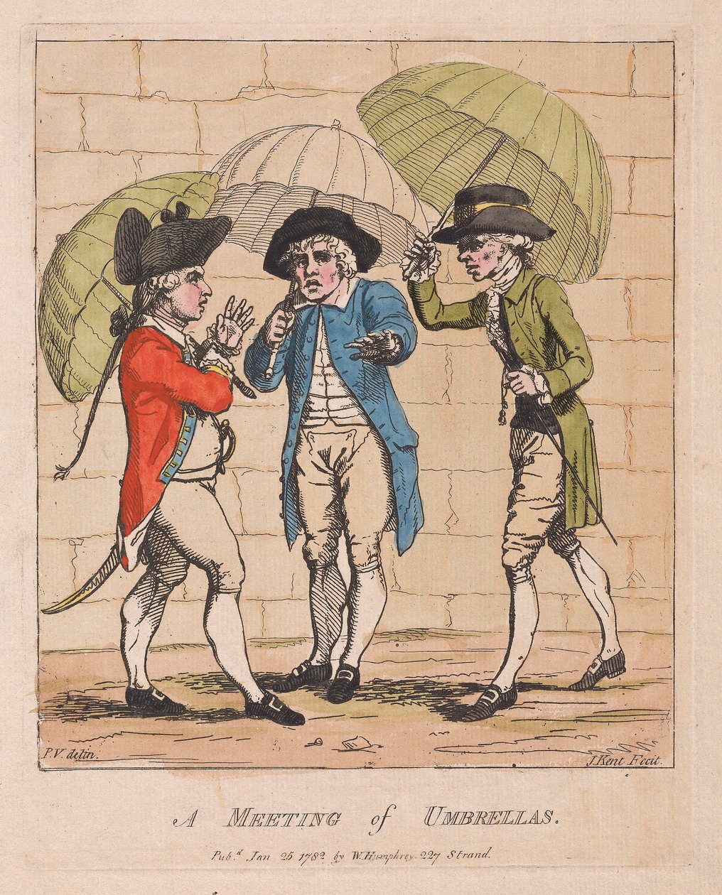 Spotkanie Parasolków, wyd. 1782 (grawerowanie ręcznie kolorowane) autorstwa James Gillray