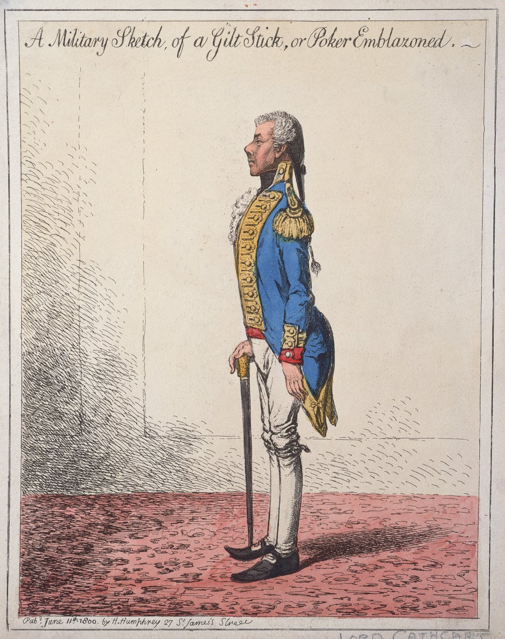 A Military Sketch of a Gilt Stick, or a Poker Emblazoned, opublikowany przez Hannah Humphrey w 1800 roku (akwaforta ręcznie kolorowana) autorstwa James Gillray