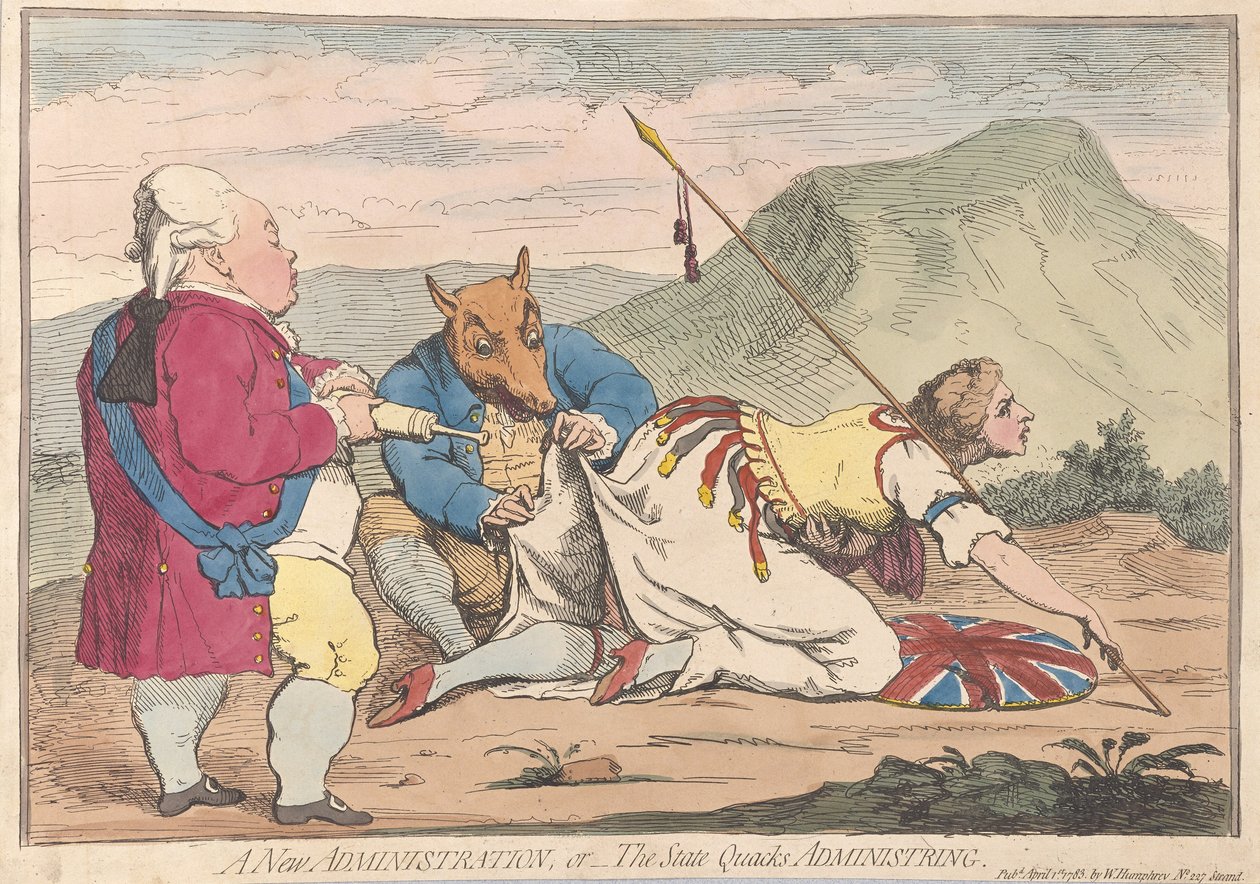 A New Administration lub The State Quacks Administring, wyd. 1783 (grawerowanie ręcznie kolorowane) autorstwa James Gillray