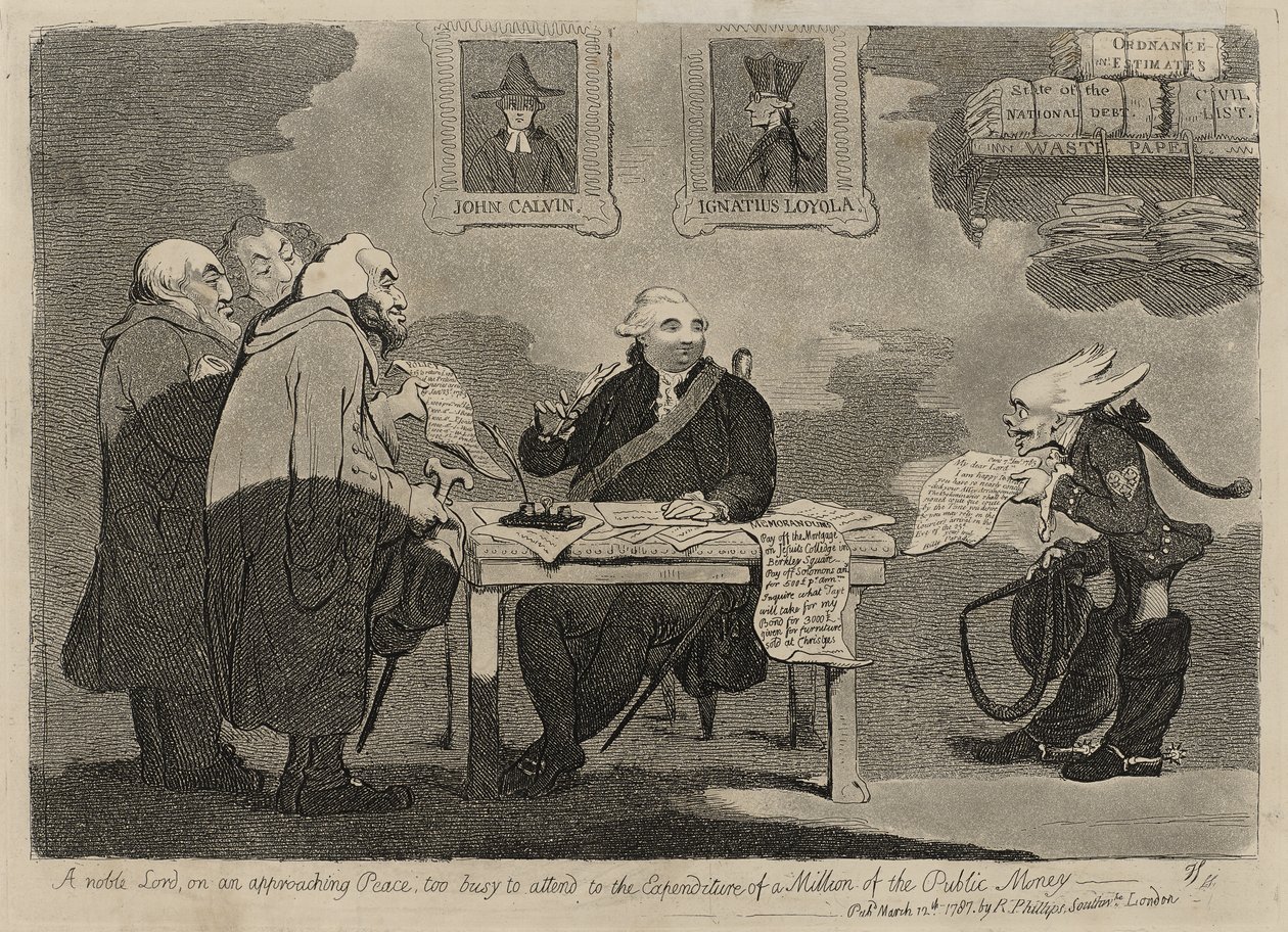 Szlachetny Pan o zbliżającym się pokoju jest zbyt zajęty, aby zająć się wydatkami miliona publicznych pieniędzy [verso] autorstwa James Gillray