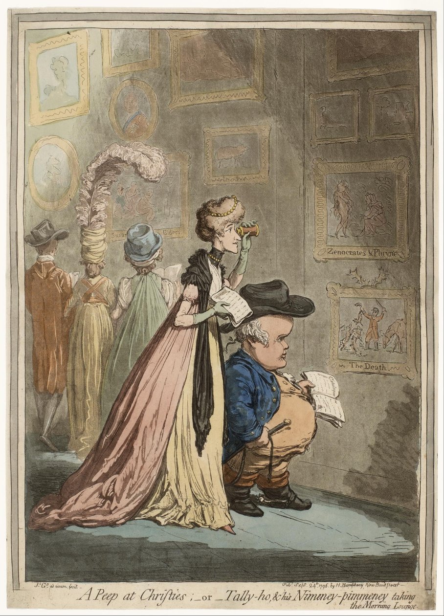 A Peep at Christies; or Tally-ho, amp; His Nimeney-Pimmeney Taking the Morning Lounge autorstwa James Gillray