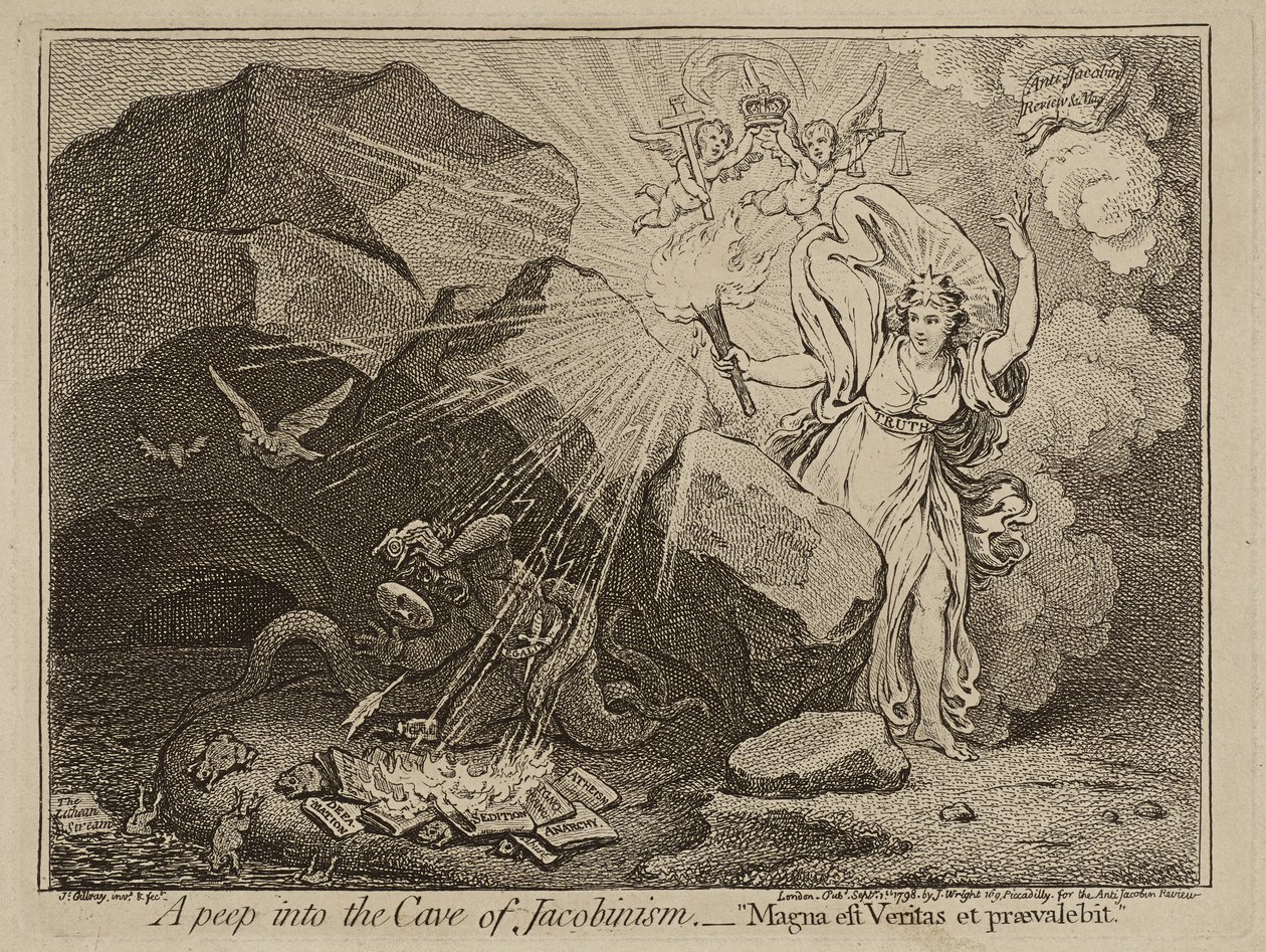 Spojrzenie do jaskini jakobinizmu, czyli Wielka prawda przeważy, 1798 (akwaforta na papierze) autorstwa James Gillray