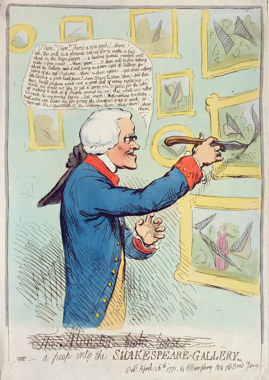 A Peep into the Shakespeare Gallery, wydana przez Hannah Humphrey w 1791 r. (akwaforta ręcznie kolorowana) autorstwa James Gillray