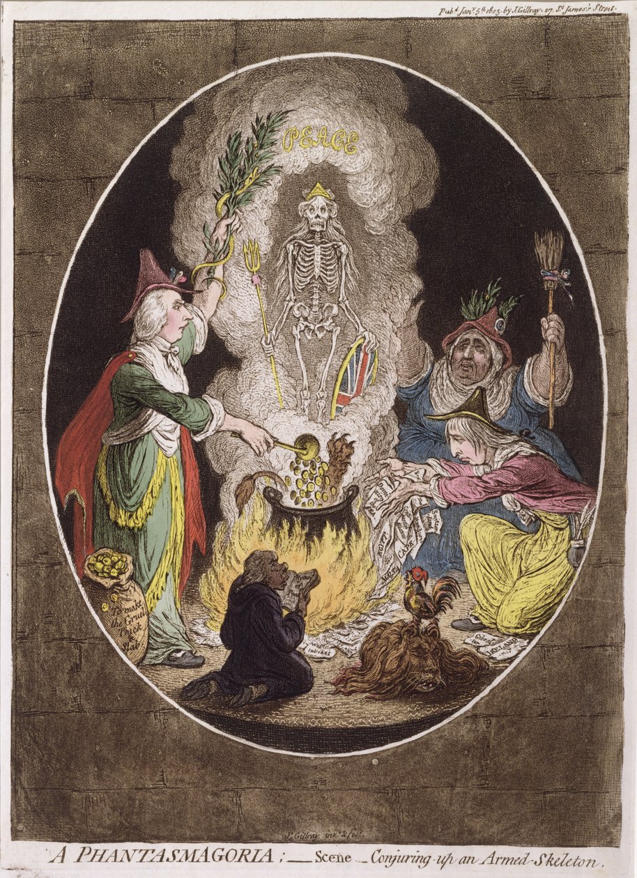 Fantasmagoria; - Scena - Wyczarowywanie uzbrojonego szkieletu autorstwa James Gillray