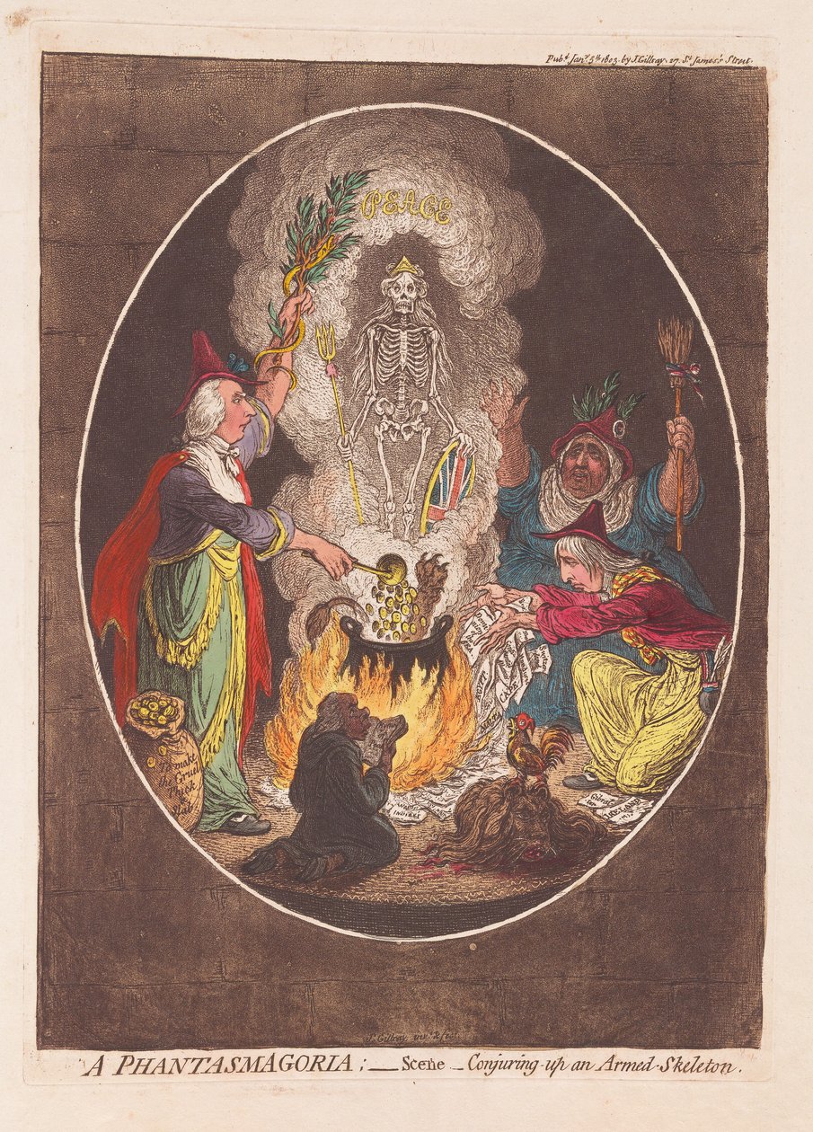 A Phantasmagoria: Scena - Wyczarowanie uzbrojonego szkieletu, wyd. 1803 (ręcznie kolorowany grawer) autorstwa James Gillray