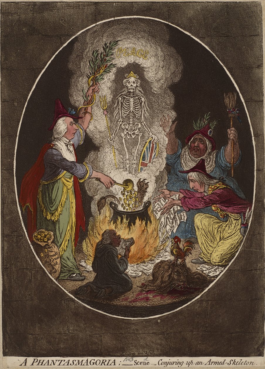 Fantasmagoria; - Scena - Wyczarowanie uzbrojonego szkieletu, 5 stycznia 1803 r. (ręczna akwaforta i akwatinta na tkanym papierze) autorstwa James Gillray