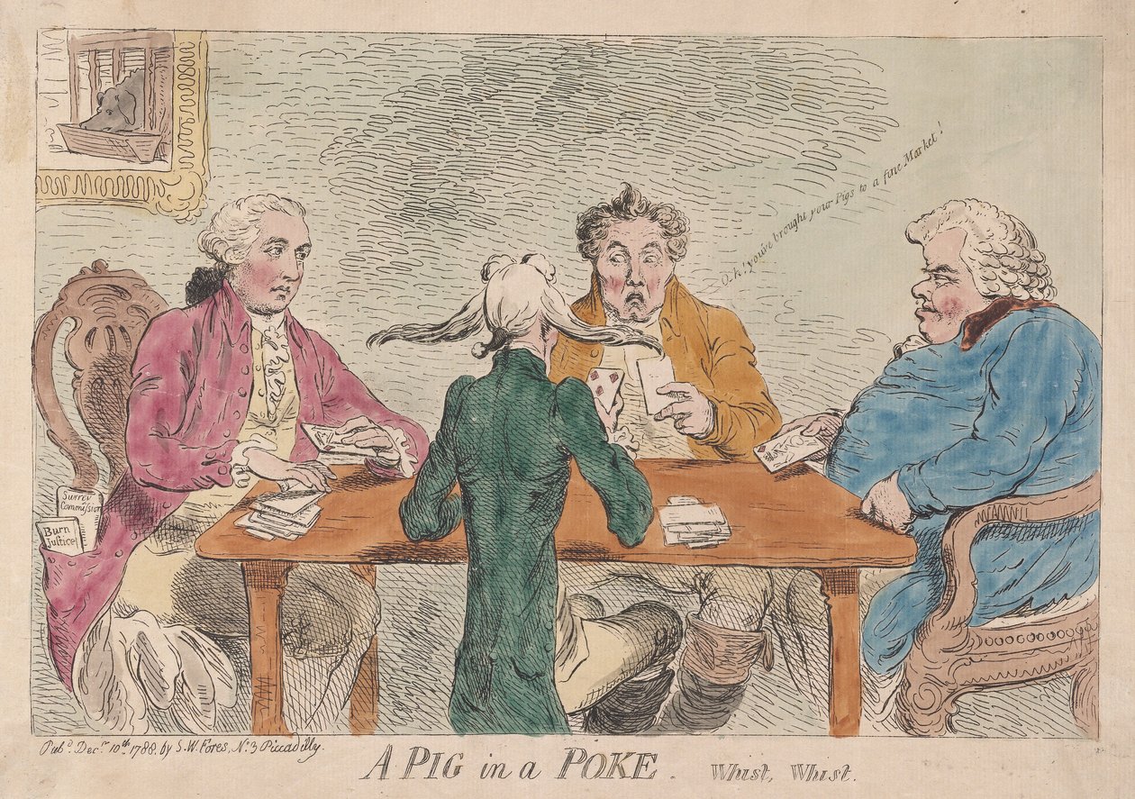 Świnia w worku, wist, wist, pub. 1788 (grawerowanie ręcznie kolorowane) autorstwa James Gillray