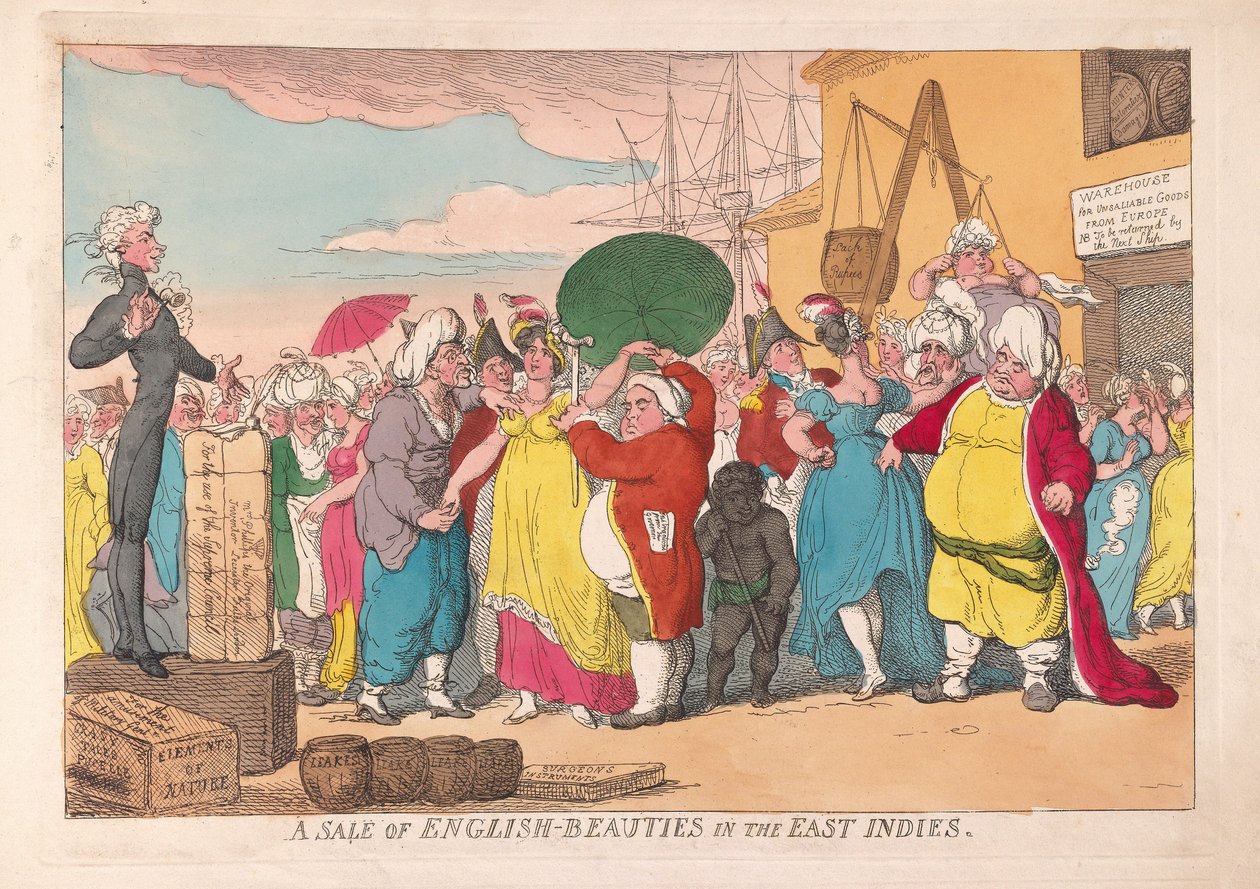 Sprzedaż angielskich piękności w Indiach Wschodnich, wyd. 1786 (ręcznie kolorowane grawerowanie) autorstwa James Gillray