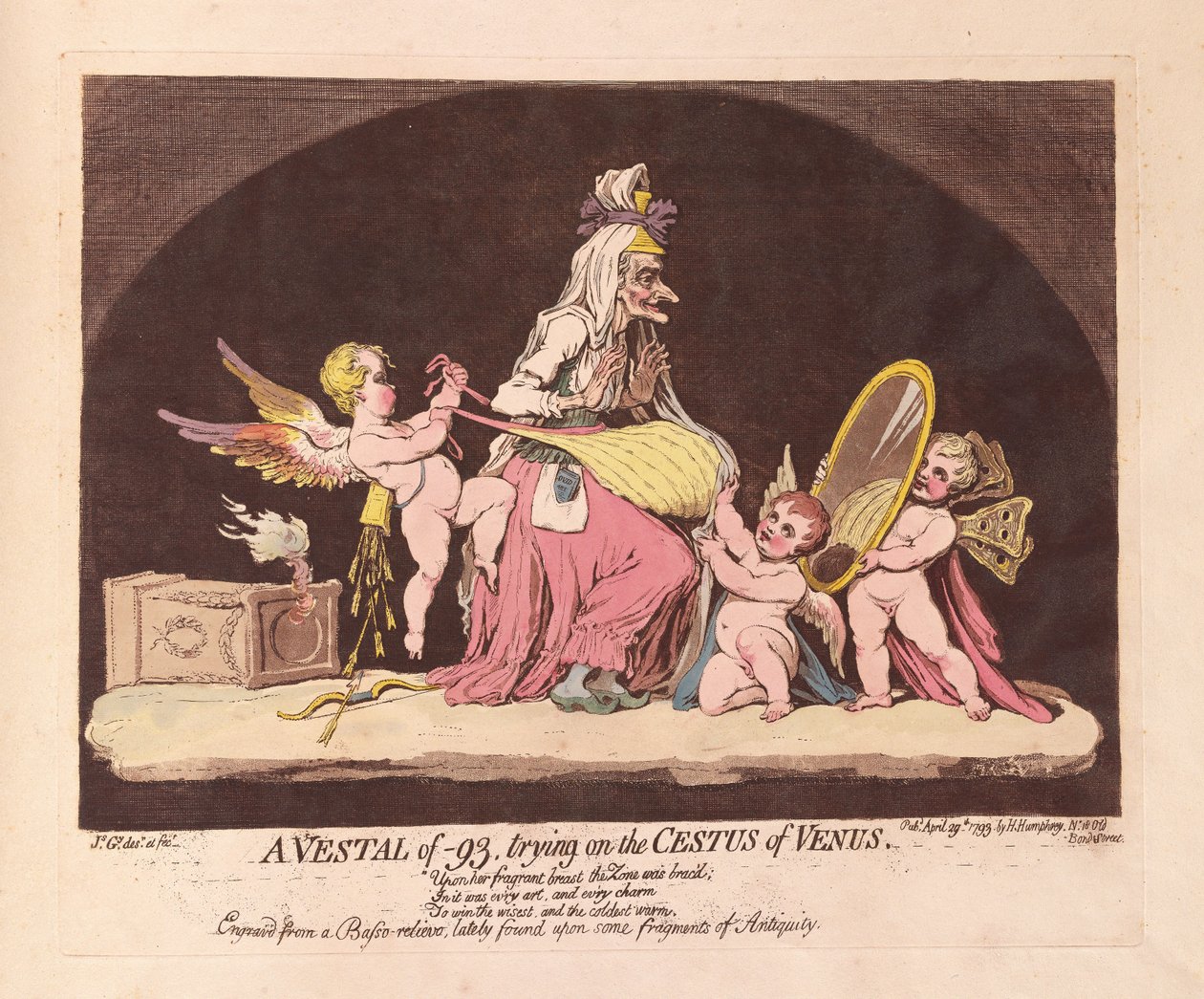 Vestal z -93, przymierzająca Cestus of Wenus, wyd. 1793 (grawerowanie ręcznie kolorowane) autorstwa James Gillray