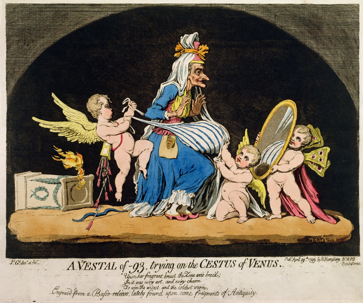 Vestal of -93 przymierzająca Cestus of Wenus, opublikowana przez Hannah Humphrey w 1793 (ręczna akwaforta i grawerunek z akwatintą) autorstwa James Gillray