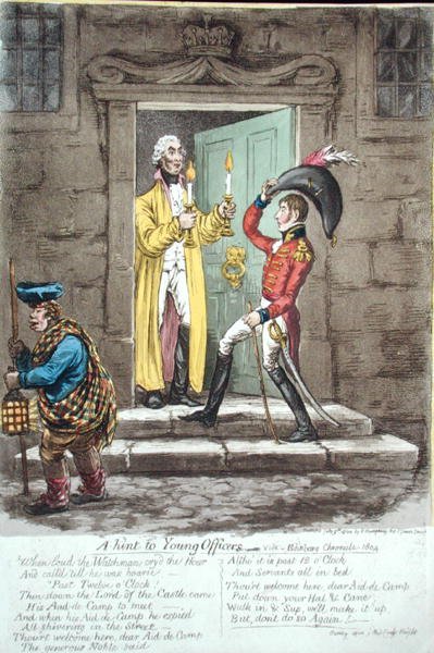 Wskazówka dla Młodych Oficerów, opublikowana przez Hannah Humphrey w 1804 r. (akwaforta ręcznie kolorowana) autorstwa James Gillray