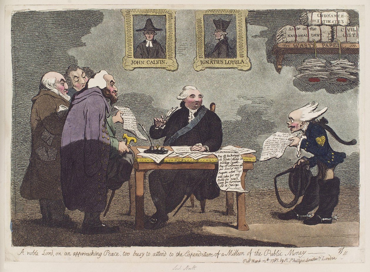 Szlachetny lord, o zbliżającym się pokoju, zbyt zajęty, by zająć się wydatkowaniem miliona publicznych pieniędzy przez Jamesa Gillraya autorstwa James Gillray