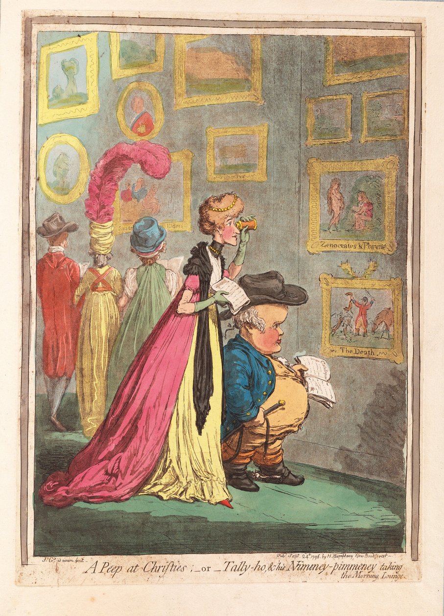 Spojrzenie na Christies; - lub - tally-ho, i jego Nimeny-pimmeney w porannym salonie, pubie. 1796 (grawerowanie ręcznie kolorowane) autorstwa James Gillray