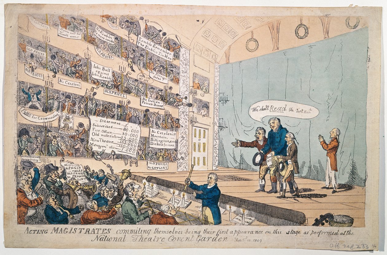 Działający sędziowie zobowiązujący się, będąc ich pierwszym występem w wykonaniu w National Theatre Covent Garden, opublikowanym w 1809 r. (akwaforta ręcznie kolorowana) autorstwa James Gillray